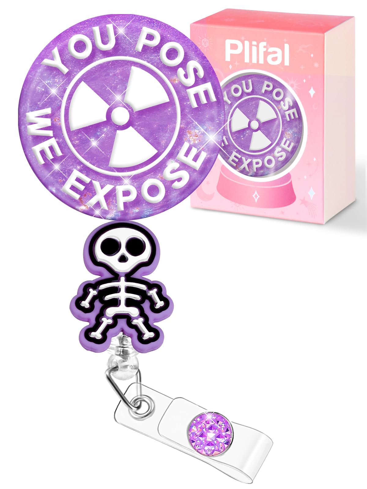 Plifal Badge Reel Holder Clip - Funny Radiology Rad Tech Purple Retractable ID Name Card Badge Reel with Charm Alligator Clip, Office Nurse Nursing Medical Worker Student Accessories Gifts
