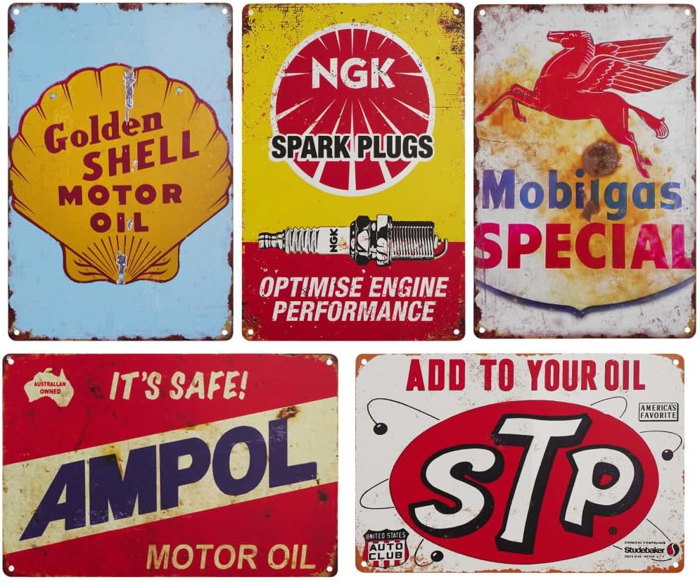 Vintage Tin Signs, Set of 5, Motor Oil and Automotive Advertisements, Metal, 8 x 12 Inches (Black)