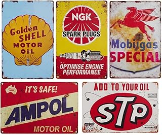 Vintage Tin Signs, Set of 5, Motor Oil and Automotive Advertisements (Yellow)