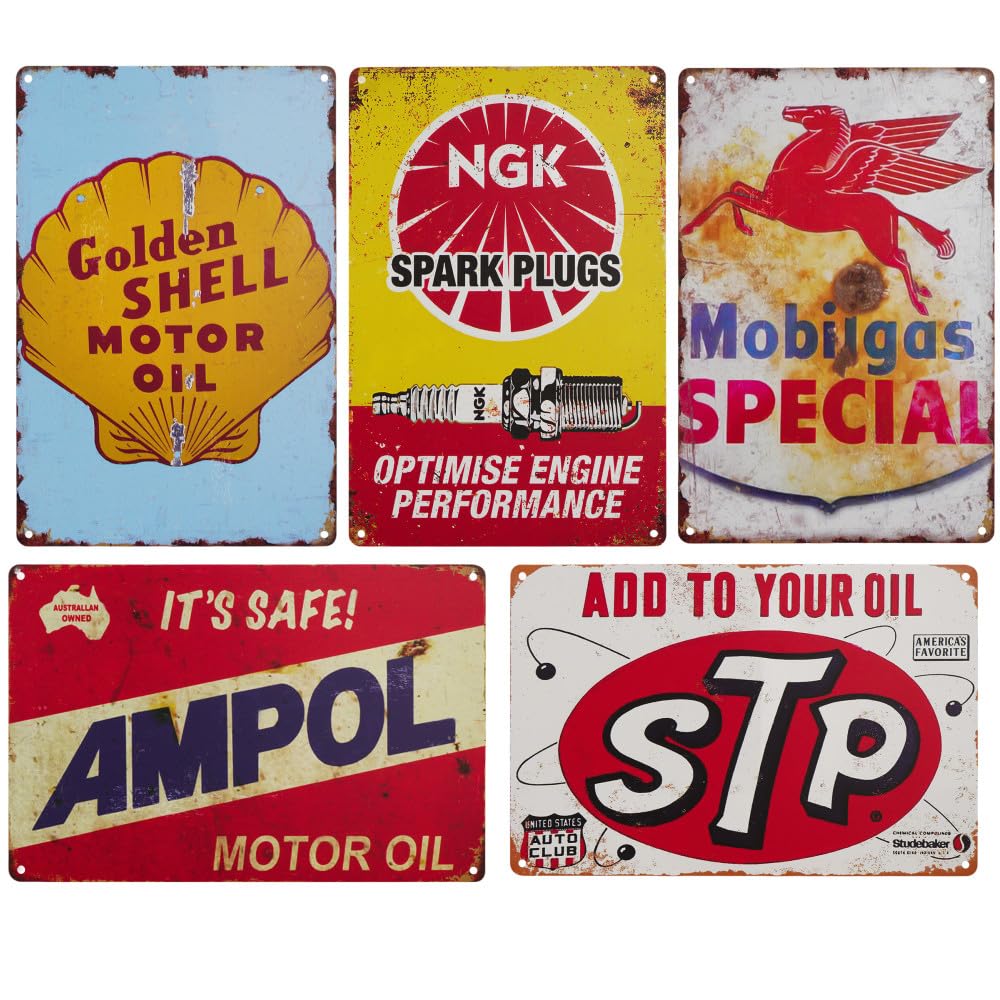 Vintage Tin Signs, Set of 5, Motor Oil and Automotive Advertisements (Yellow)