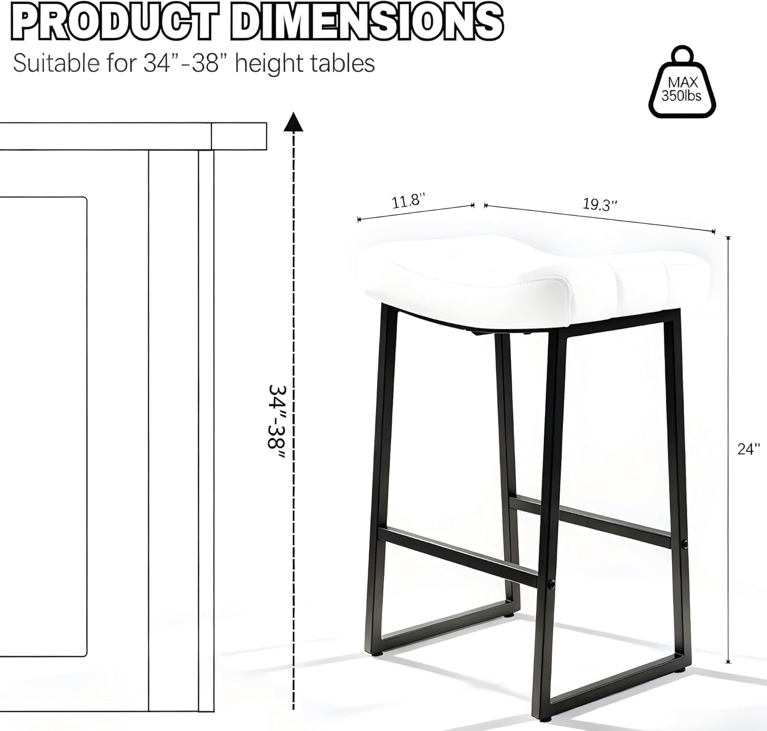 RNKSFX Black and White Modern Bar Stools Set of 2 for Kitchen Island 24 inch Counter Height Backless Barstools with Upholstered Faux Leather Saddle Seat and Metal Frame Industrial Bar Chairs