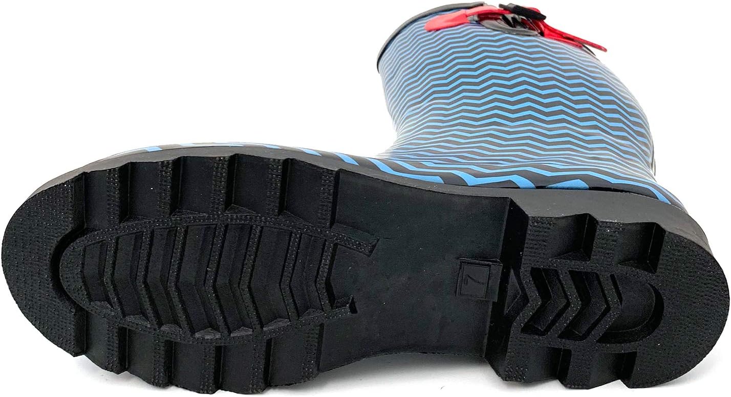 G4U Women's Rain Boots Multiple Styles Color Mid Calf Buckle Fashion Rubber Knee High Snow Shoes (11 B(M) US, Black/Blue Chevron)