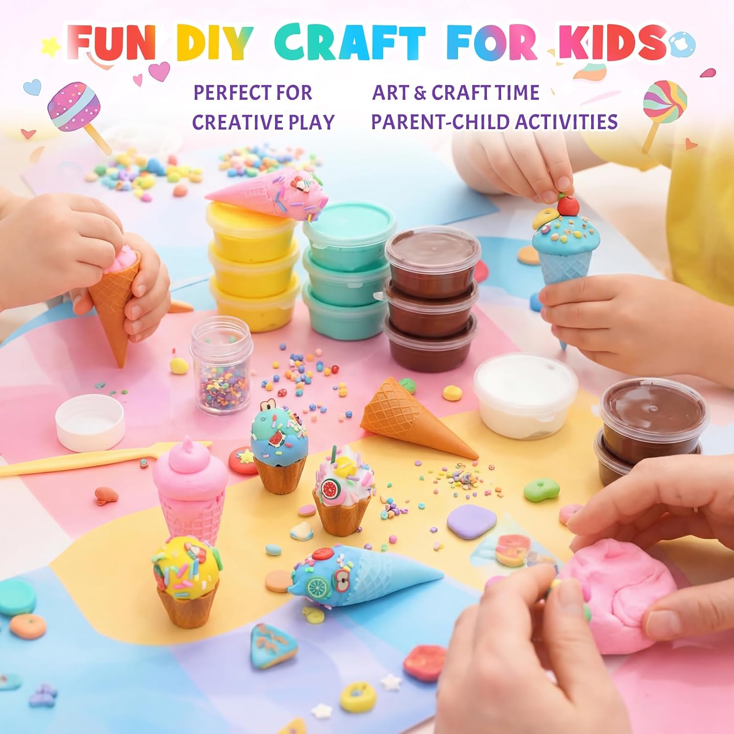 Shappy 51 Pcs Air Dry Clay Kit Ice Cream DIY Craft Kit 24 Cones 24 Air Dry Clay Packs 3 Decorative Sets Sweet Magic Modeling Crafts for Summer DIY Party Gift Indoor Outdoor Holiday Decoration