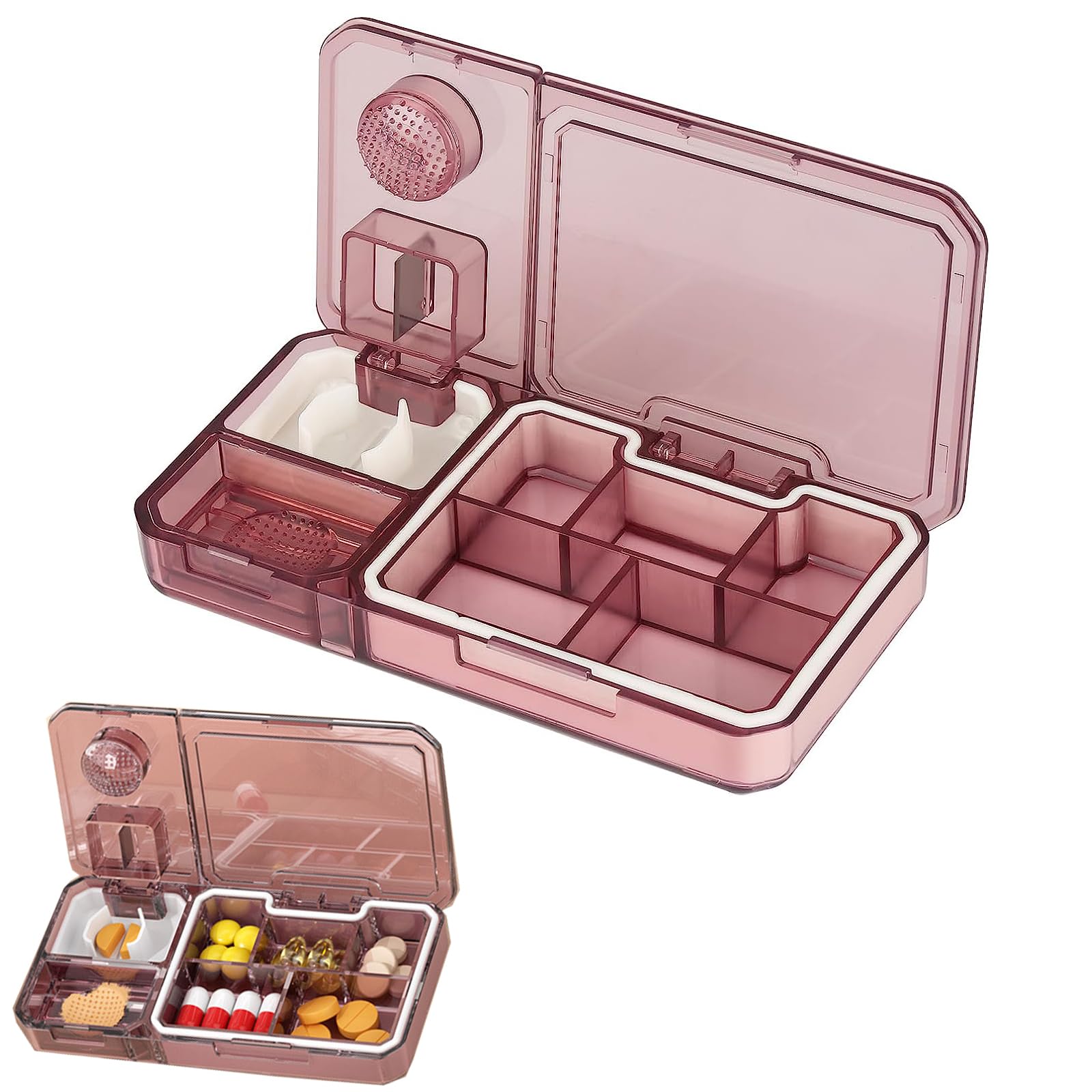 Daily Pill Organizer, 3 in 1 Pill Divider, Pill Cutter, Pill Splitter, Pill Crusher, Travel Purse Pill Box Container, Combined Pill Case to Hold Vitamins, Cod Liver Oil