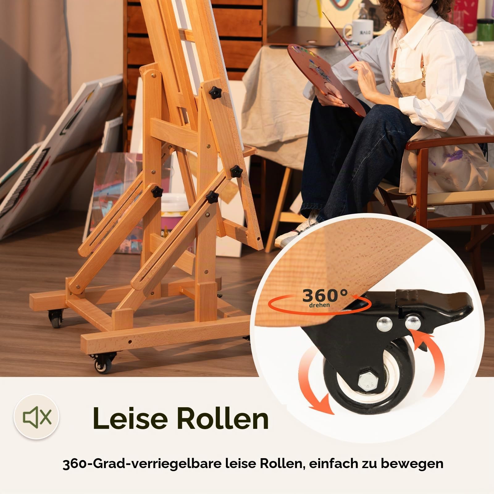 DJAR Extra Großes H-Rahmen Staffelei aus Buchenholz, Verstellbare Profi Atelierstaffelei mit Rollen, Neigbar für Aquarell & Ölmalerei, Hält 1 oder 2 Leinwände bis 201 cm, Natur