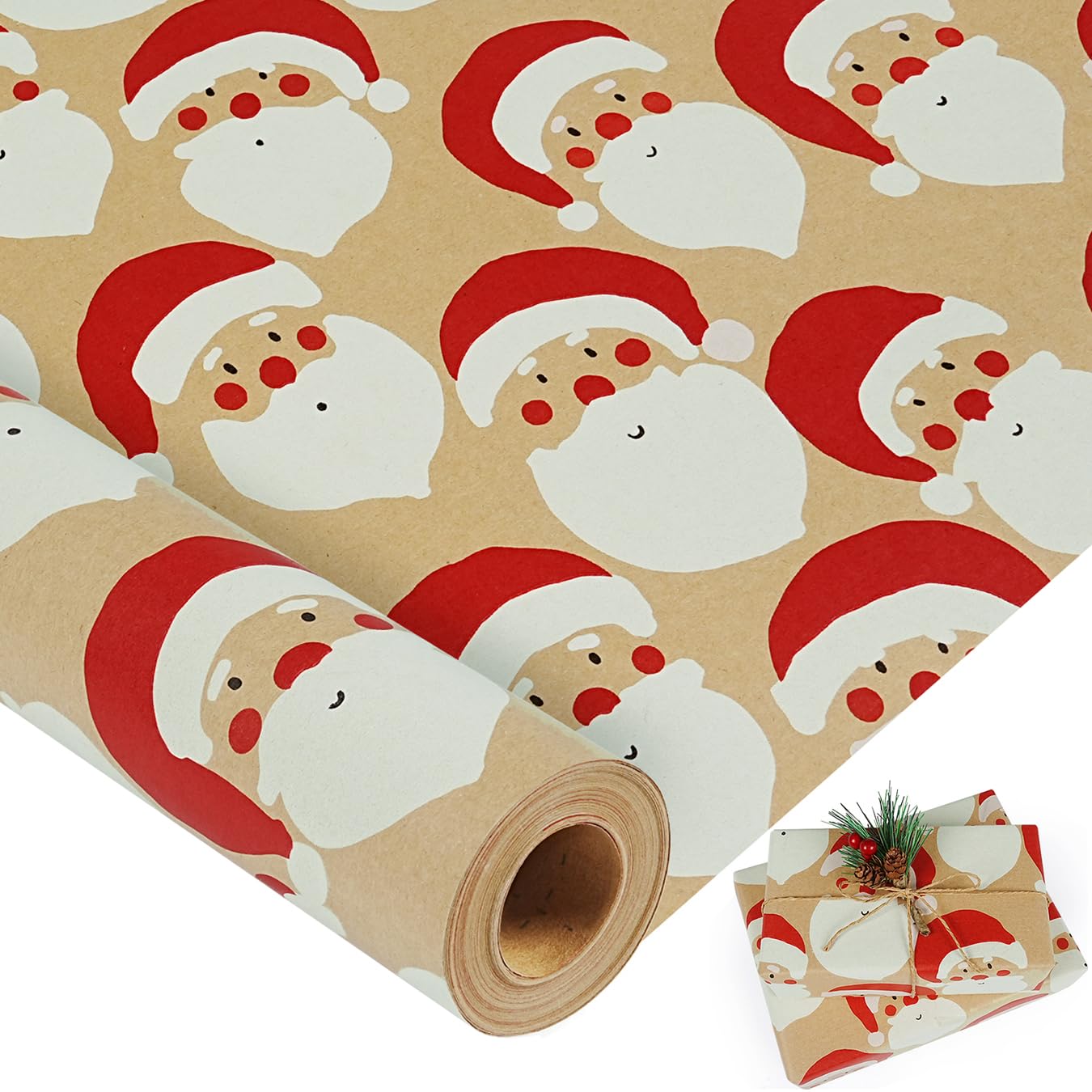 Christmas Wrapping Paper Roll, 43cm x 10m Kraft Christmas Wrapping Paper, Recyclable Santa Claus Design Gift Wrapping Paper Roll for Xmas, New Year, Festival, Party Decorations
