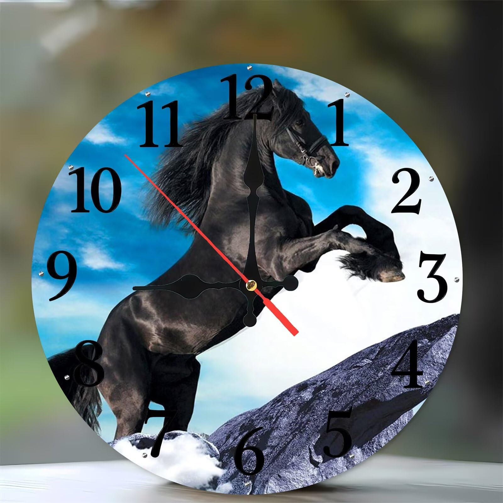 Horloge murale de 35 cm en bois motif cheval noir moderne