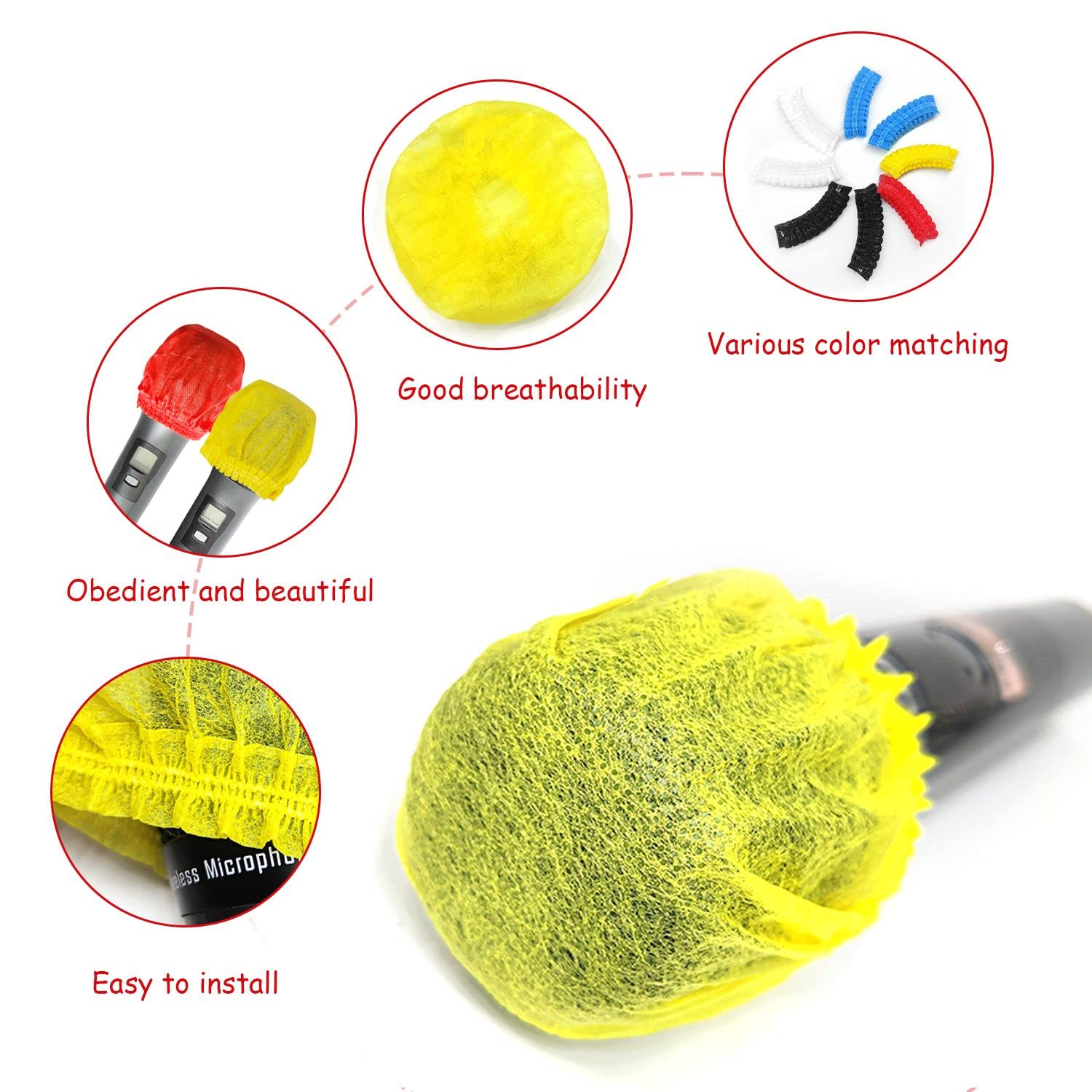 50 housses de microphone hygiéniques jetables en tissu non tissé, adaptées à la plupart des microphones portables pour karaoké, concert, enregistrement de karaoké (5 couleurs, 10 de chaque couleur)