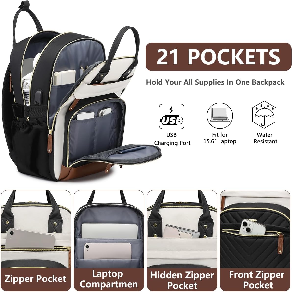 Laptop Backpack for Women Travel Backpacks - 15.6 Inch Laptop Computer Bag with Pouch Pocket Large Capacity Cup Purse Work Business Back pack College Teacher Bags Beige Black Brown