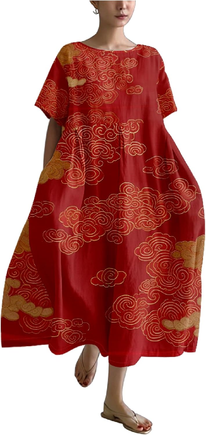 Maxi Dresses for Women 2024 Japanese Art Floral Print Crew Neck Short Sleeve Casual Boho Oversized Dress