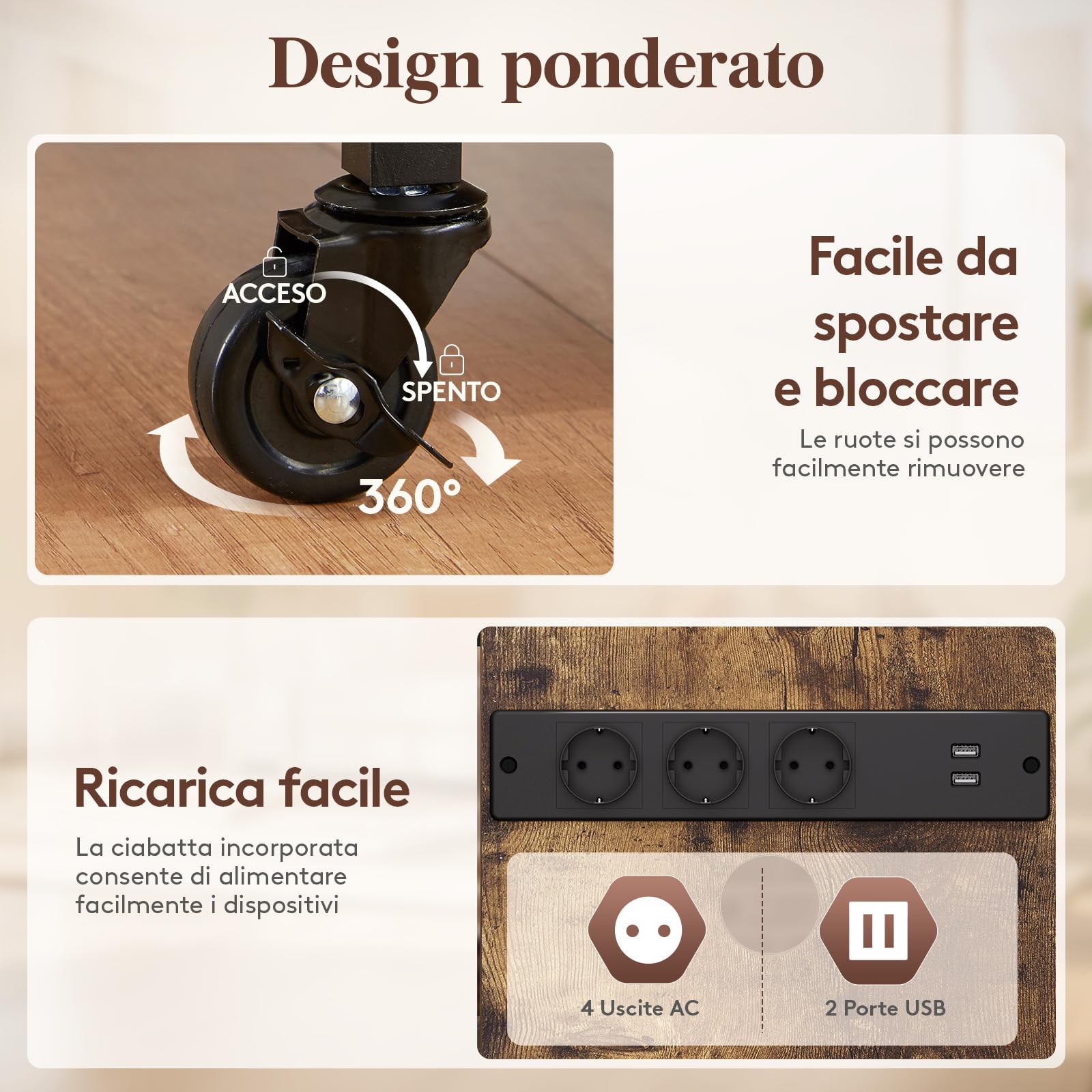 Lifewit Supporto audio a 4 livelli con prese elettriche e luci a LED, in legno e acciaio, per giradischi e impianti stereo e impianto compatto, marrone