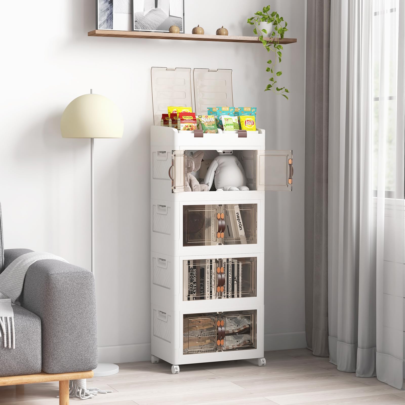 GIANTEX Contenedor Plástico de Almacenamiento 210 L, Caja Apilables con Tapa y Ruedas, Carrito de Almacenaje con 4 Cubos Apilables, Caja Organizador para Salón, Dormitorio (4 Niveles)