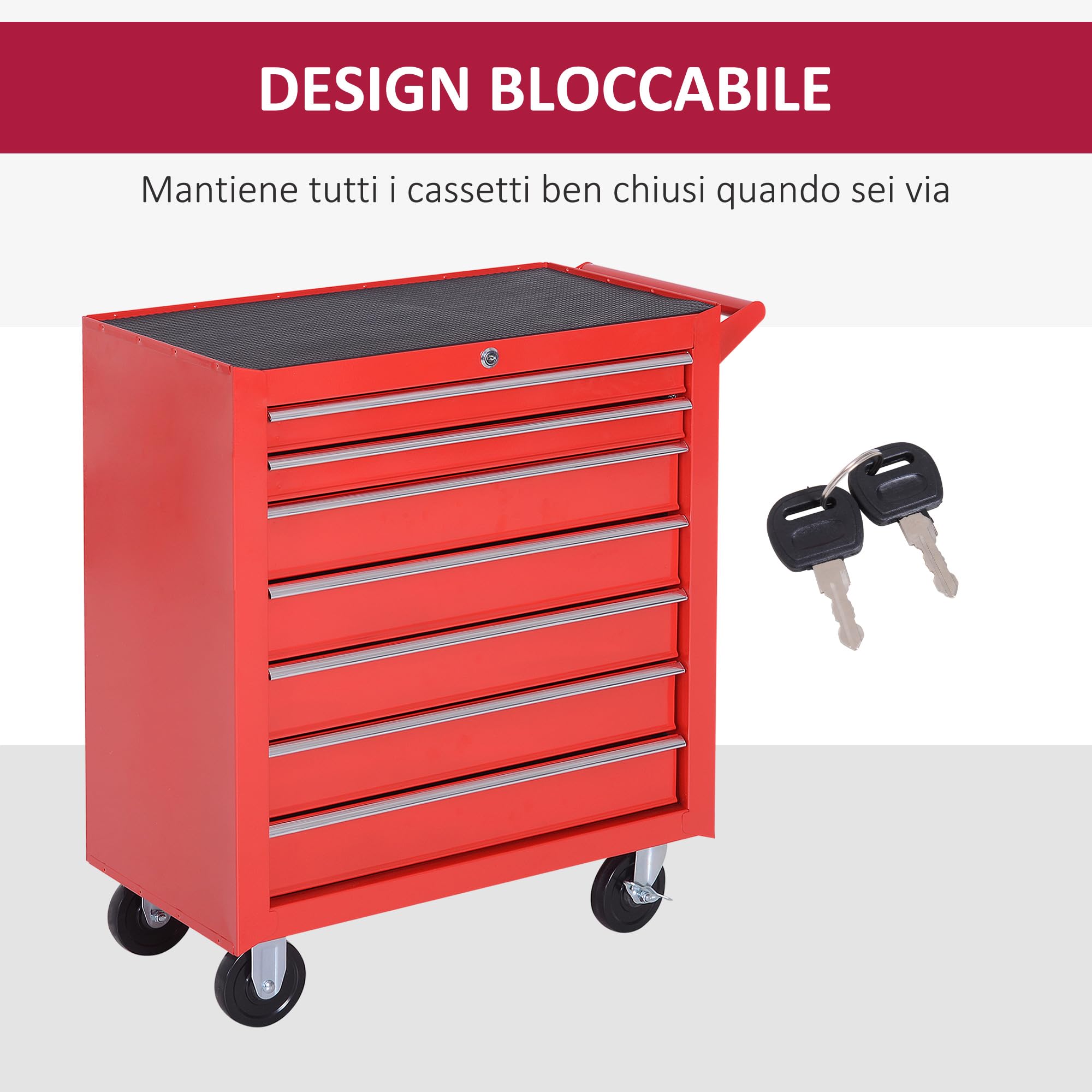 DURHAND Carrello Porta Attrezzi 7 Cassetti in Acciaio con Serratura, Rosso