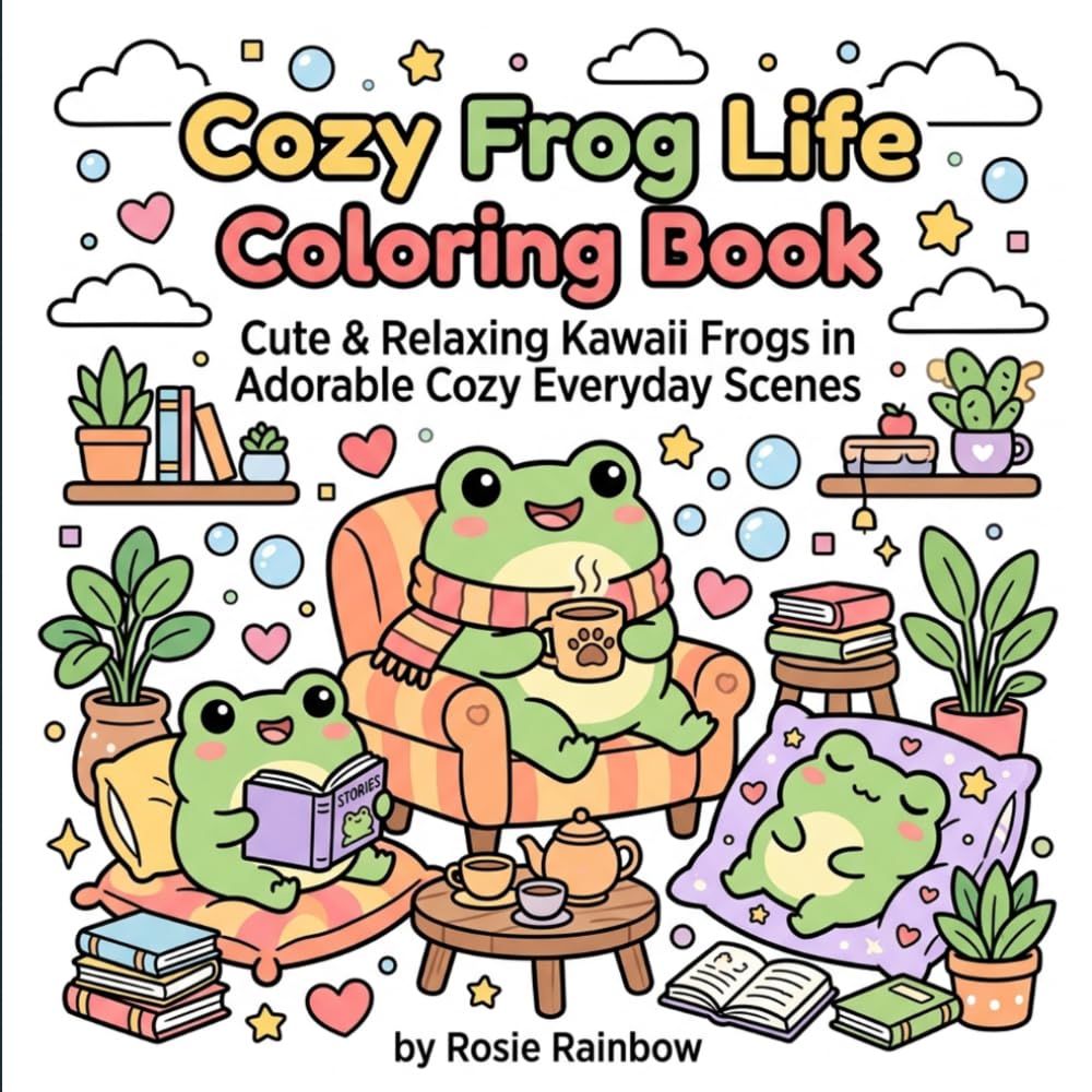 Cozy Frog Life Coloring Book: Cute & Relaxing Kawaii Frogs in Adorable Cozy Everyday Scenes | Bold and Easy Stress Relief Coloring Book for Adults & Teens