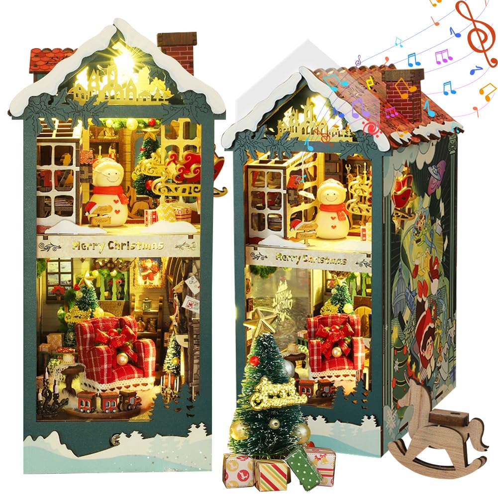 SXDMOUBK DIY Book Nook Kit 3D Wooden Puzzle, Dollhouse Christmas Day Bookshelf Decor with LED DIY Bookend Dollhouse Kit Crafts Snowman
