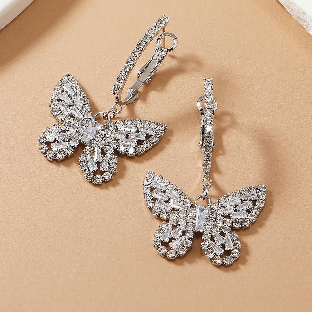 Sparkling Crystal Butterfly Hoop Dangling Earrings for Women,Gold Rhinestone Hollowed Out Drop Earring,Cubic Zirconia Jewelry Gift for Bride Wedding - Image 2