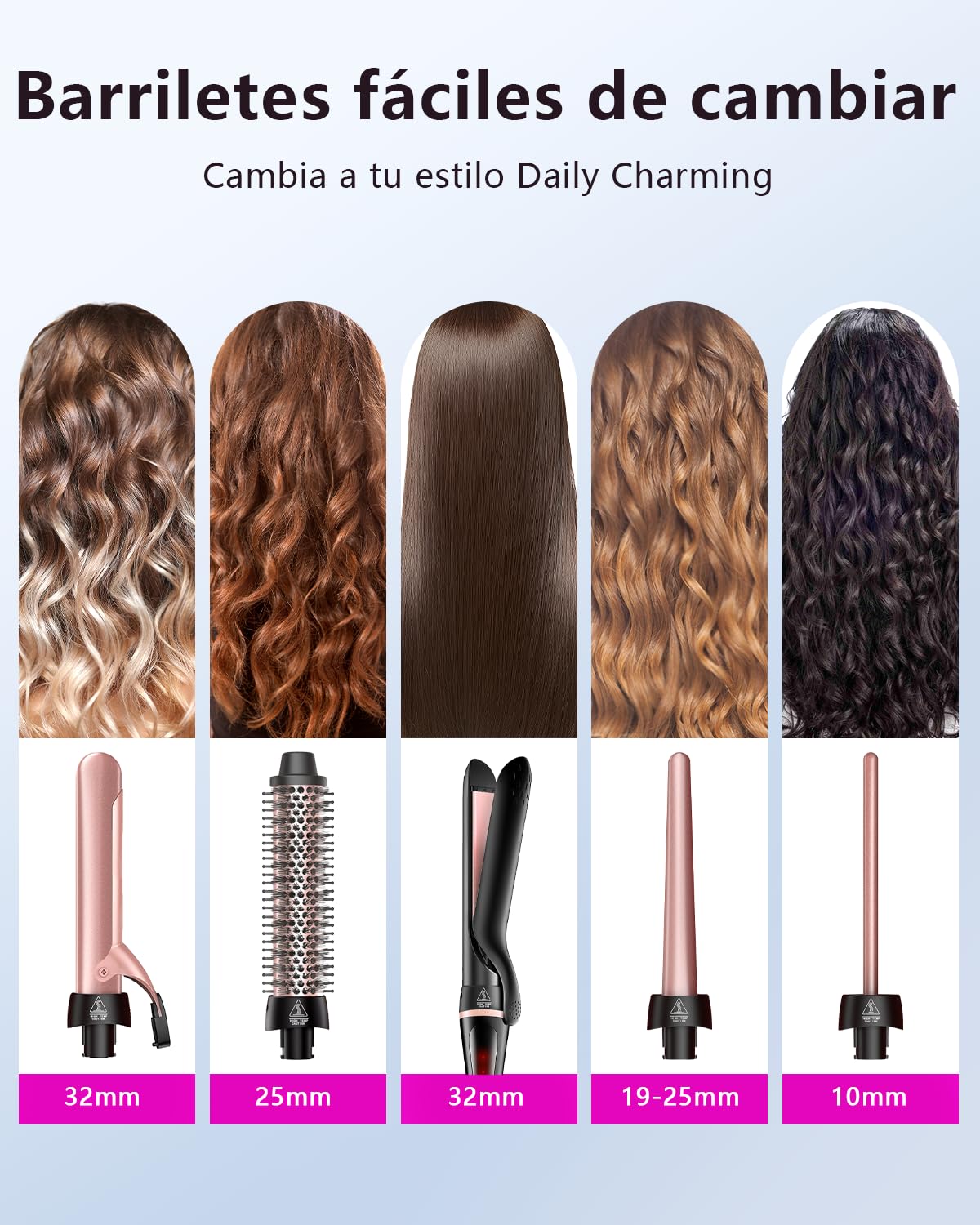 Rizador 5 en 1 con Cepillo Térmico y Barriles Intercambiables de Cerámica (0.35"-1.25"), Juego de Rizador con Plancha Alisadora, Calentamiento Instantáneo, Voltaje Dual, Regalos para Mujeres