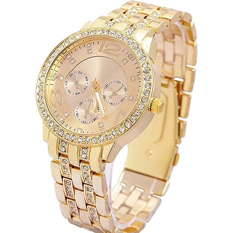 Rhinestone Collection Stainless Steel Strap Gold Colour Dial Mens Watch