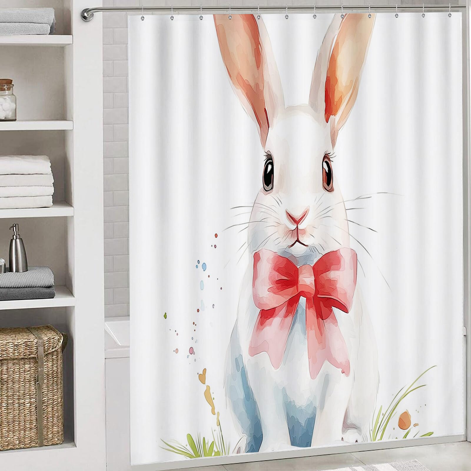 Rideau De Douche Lapin À Nœud Animaux À L'Aquarelle Tissu Imperméable Lavable avec Crochets Anti Moisissure en Polyester Rideau Douche pour Salle De Bain