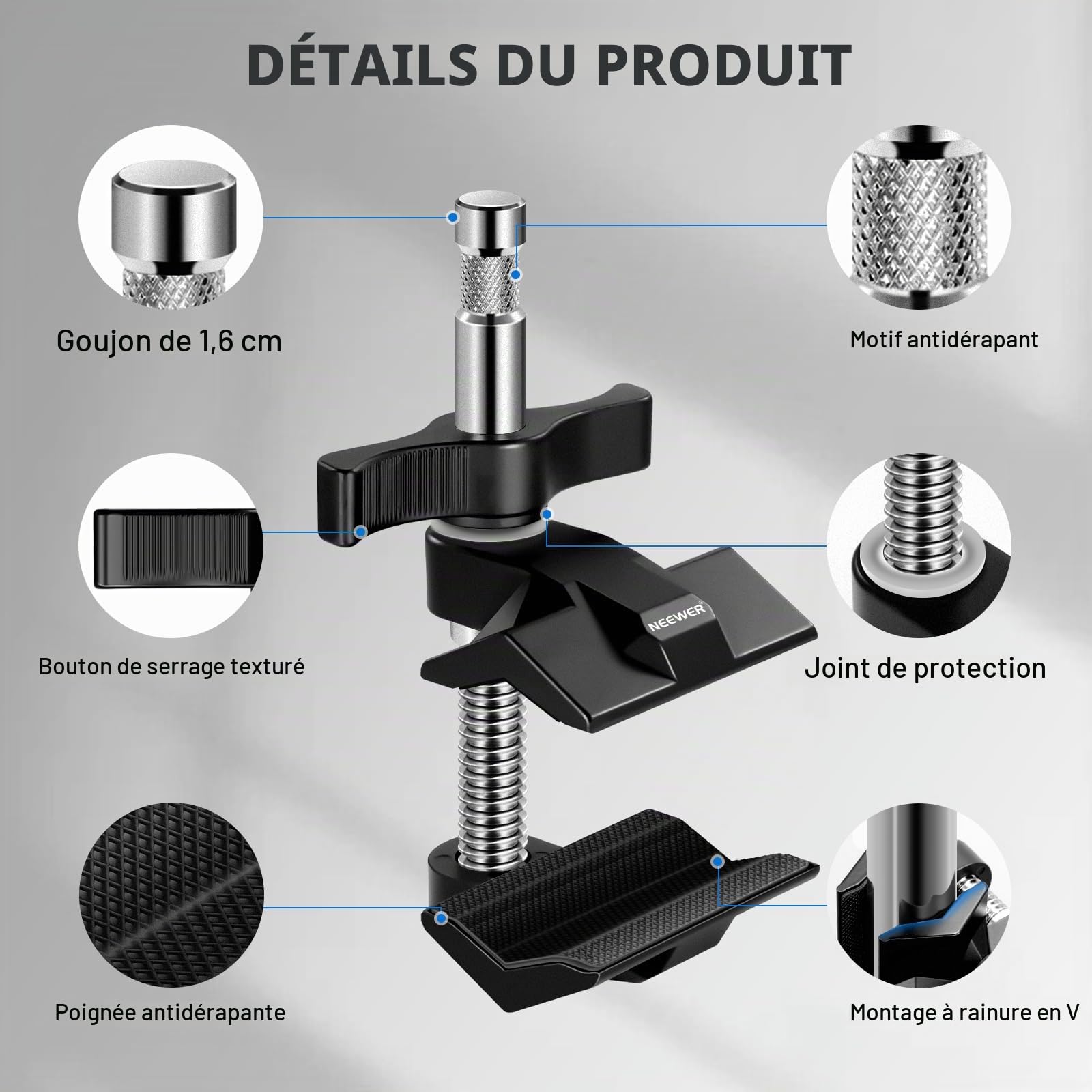 NEEWER 2" Griffe Étau en Acier avec Goujon de 5/8",Mâchoire Réglable en Aluminium, Coussinet en Caoutchouc de Support C,Anti-Torsion,Poignée Rotative pour Lumière Vidéo LED Softbox,UA015