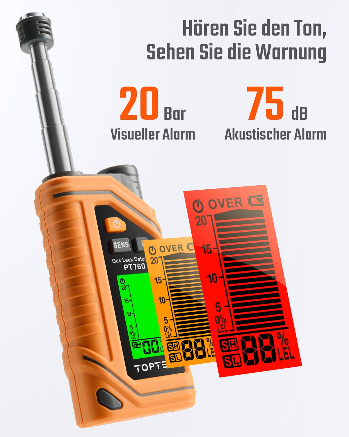 TopTes PT760 Wiederaufladbarer Erdgas-Detektor, Gaslecksuchgerät mit 30 cm ausziehbarem Sonde,%LEL Propanglecksuchgerät mit eingebauter Taschenlampe für Methan, Butan, brennbare Gase für Zuhause