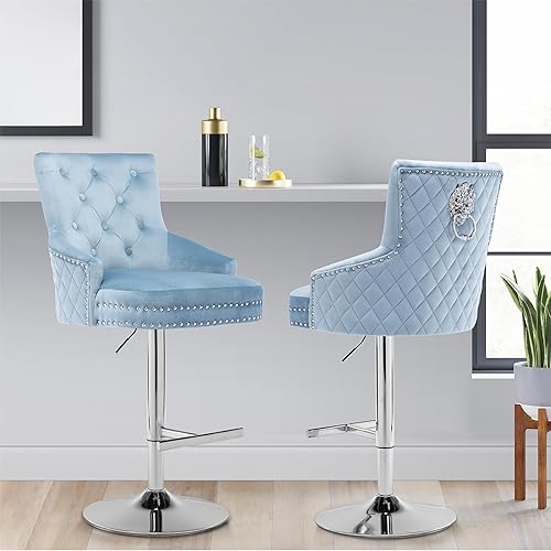 Miniatura 7 de UDAX Juego de 2 taburetes de bar, taburetes de bar ajustables con respaldo, sillas de bar giratorias de terciopelo, gris claro