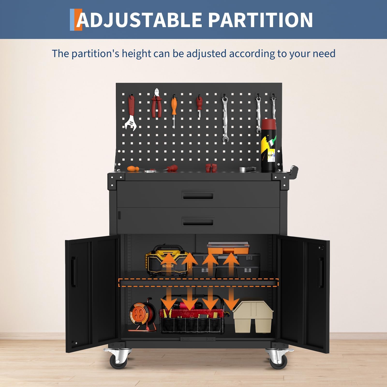 Armadietto Garage Mobile da Officina, Armadio Ufficio, 2 Cassetti Scaffali In Metallo, Pegboard, Ruote Robuste, Armadio Salvaspazio per Garage, Magazzino O Laboratorio, 80 X 42 X 90 cm