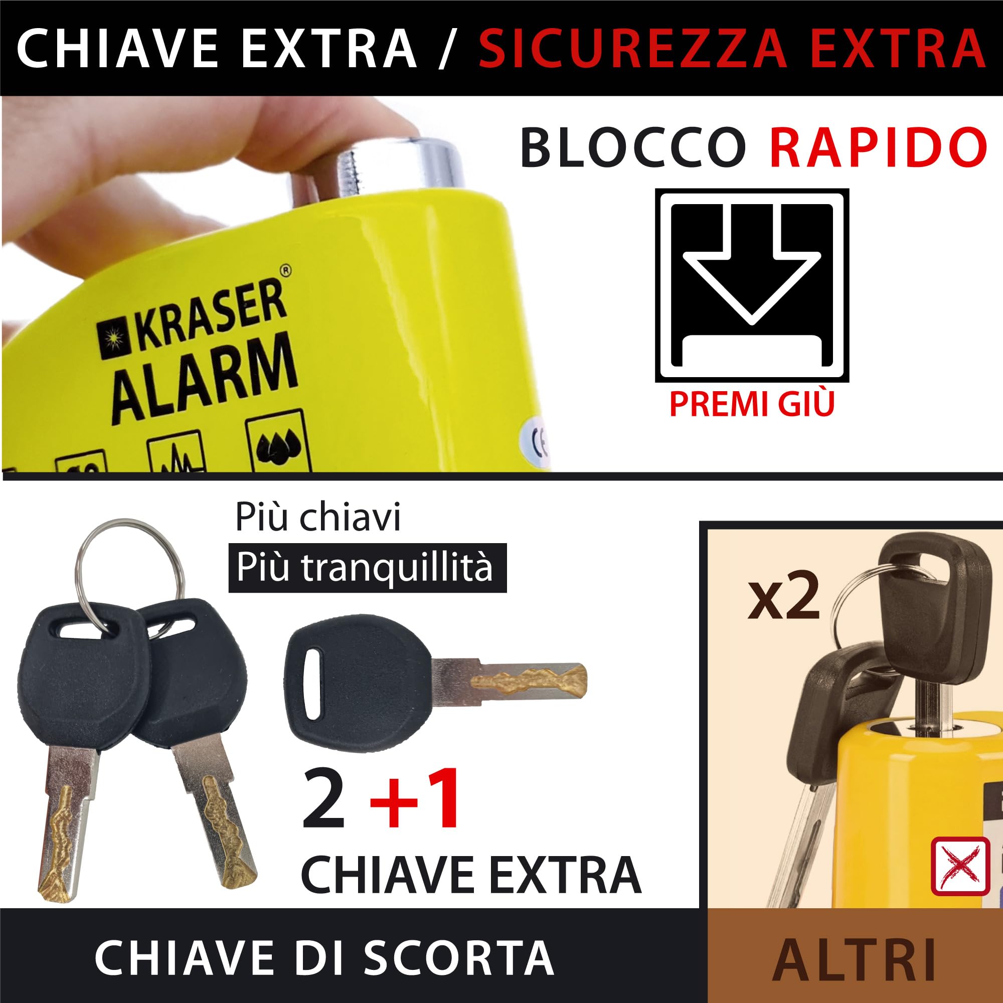 KRASER KR6Y Blocca Disco per Moto con Allarme 110dB, Antifurto Moto Nr1 Autobild, +Deterrente, 3 (altre 2) Chiavi Sicurezza, Impermeabile, Cavo Reminder 1.5m Borsa, Lucchetto Sonoro Scooter Bici