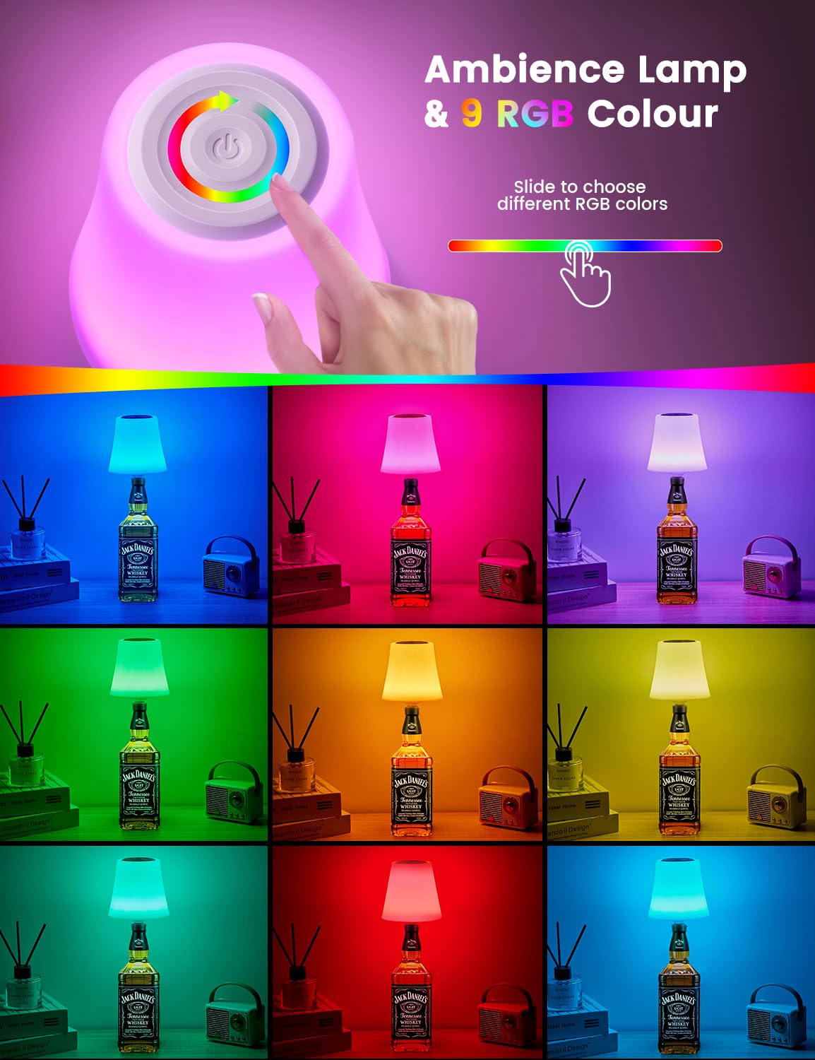 Lampada Bottiglia LED da Tavolo Senza Fili, Tappo Lampada per Bottiglia Ricaricabile USB-C, Touch Dimmerabile a 3 Colori e 9 RGB, Abat Jour da Comodino, IP54, per Ristorante, Terrazza,Salotti