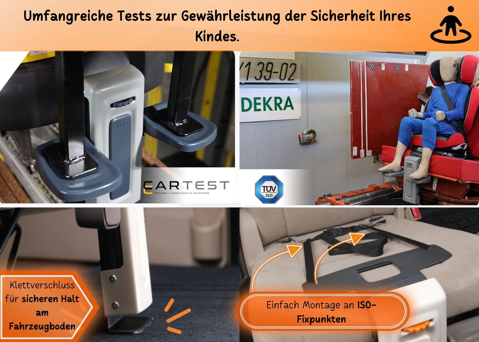 Kindersitz Fußstütze für Kinder 4 bis 12 Jahre für korrekte & bequeme Sitzposition| Farbe Orange | Fußstütze Kindersitz Höhenverstellbar - TÜV Zertifiziert