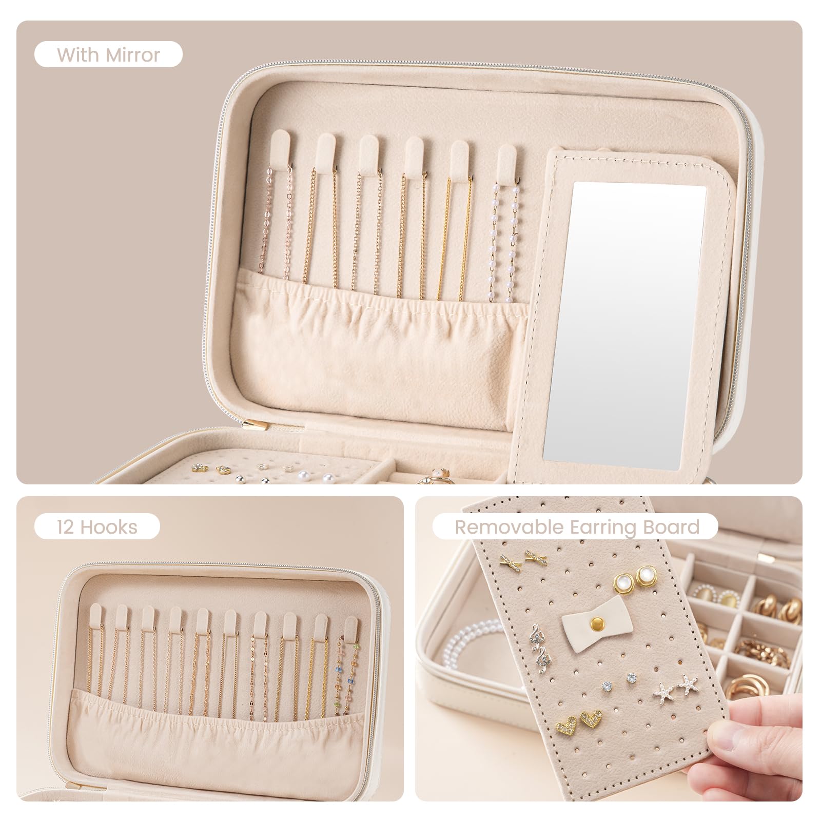 Lolalet Caja de Joyería de Viaje, Organizador Portátil de Piel Sintética con Espejo para Pendientes, Anillos, Collares y Pulseras, Tamaño M, Blanco