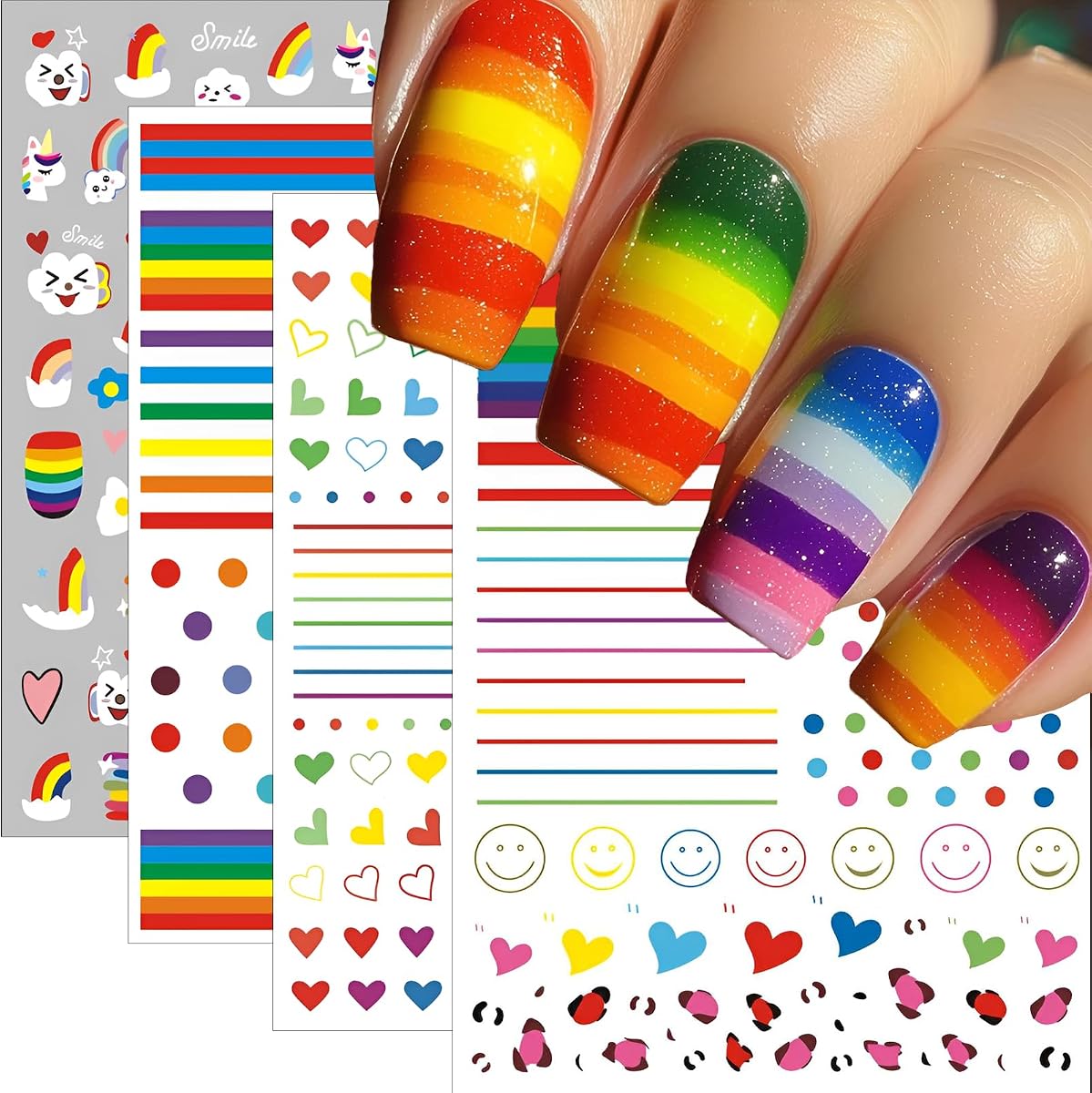 6 Sheets Rainbow Nail Stickers for Women Kids - Colorful Nail Art Decals with Heart Dot Rainbow Flower Designs, Perfect for Pride Month Parties 3D DIY Nail Decoration Fun Vibrant Designs