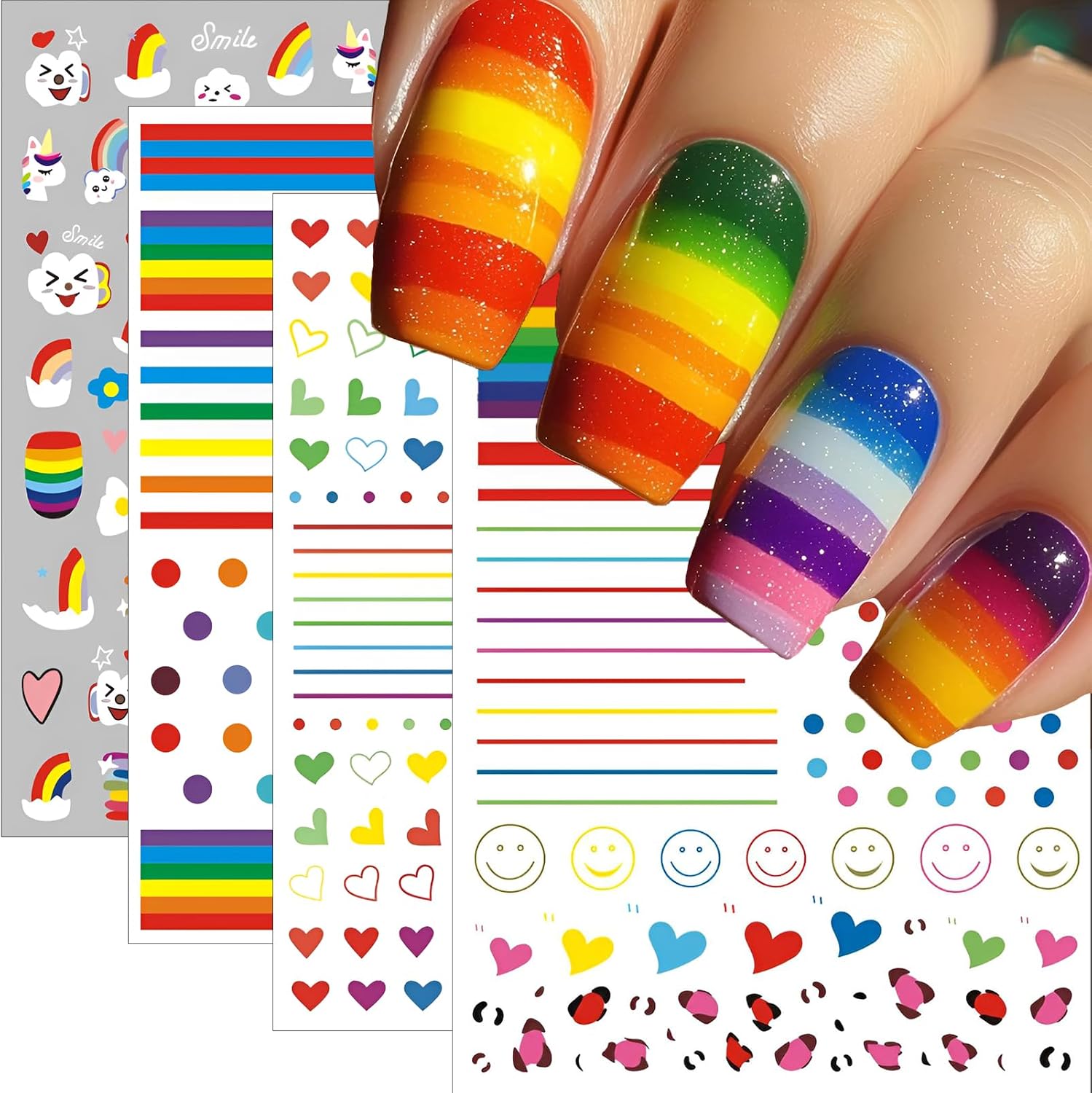 6 Sheets Rainbow Nail Stickers for Women Kids - Colorful Nail Art Decals with Heart Dot Rainbow Flower Designs, Perfect for Pride Month Parties 3D DIY Nail Decoration Fun Vibrant Designs