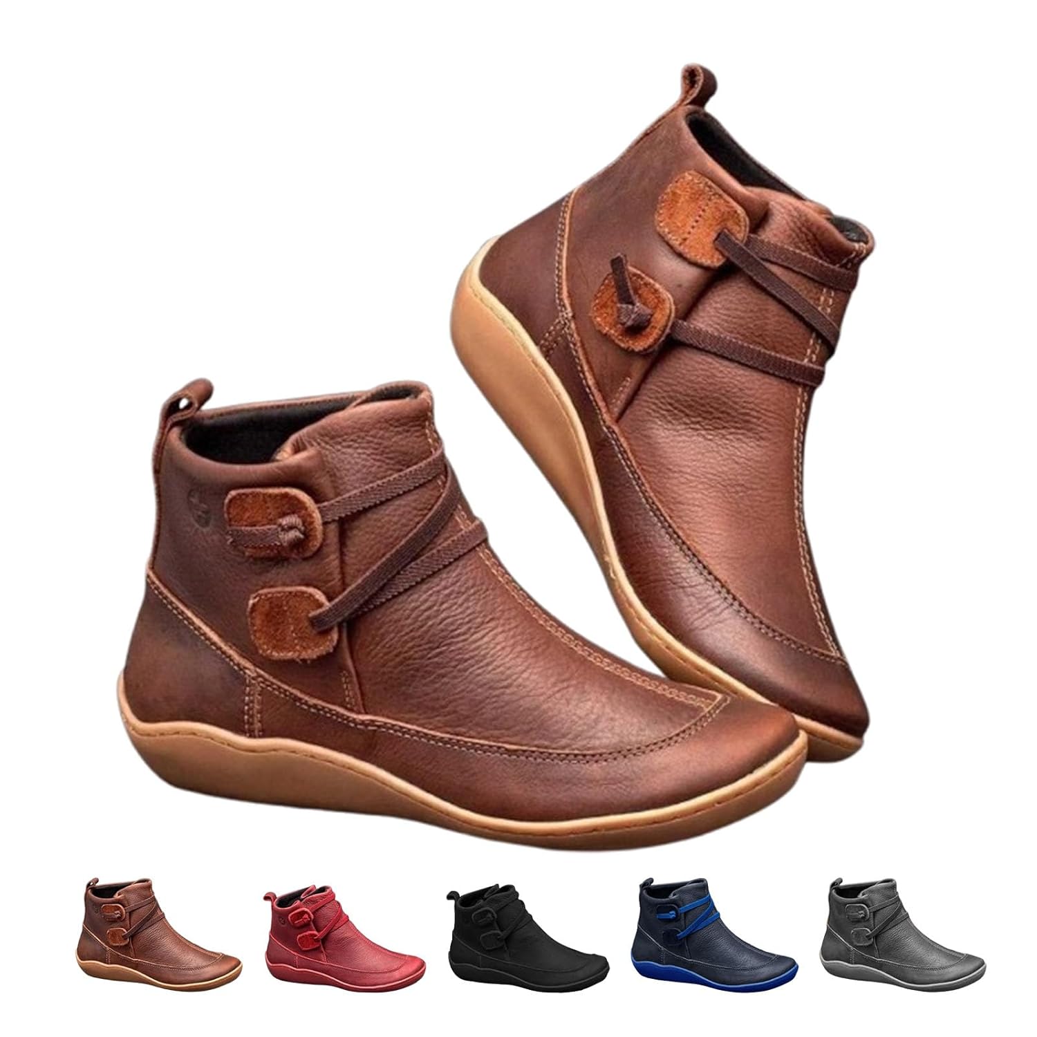 Womens Vintage Casual Short Ankle Boots Lace Up Side Renaissance Vintage Booties Comfortable Slip On Flat Low Heel