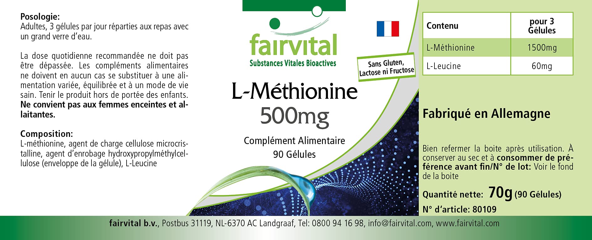 fairvital L-metionina 500 mg, 90 capsule, ALTO DOSAGGIO, VEGANO, aminoacido