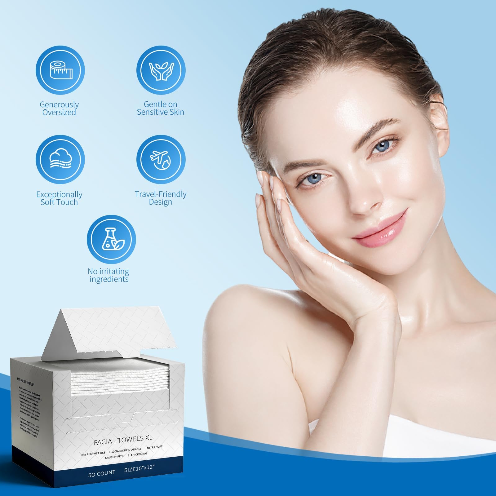 Serviettes Visage XL,Serviette Jetable pour le Visage,Lot de 50 Mouchoirs en Coton,pour les Soins de la Peau,les Lingettes de Maquillage,les Lingettes pour le Visage