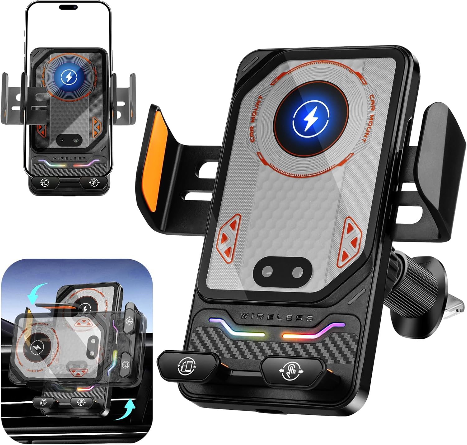 Car Phone Charger Holder, Smart Auto-Clamping Fast Charging Car Phone Holder with Atmosphere Lights, Rotating Air Vent Mount Compatible with All Smartphones (Black)