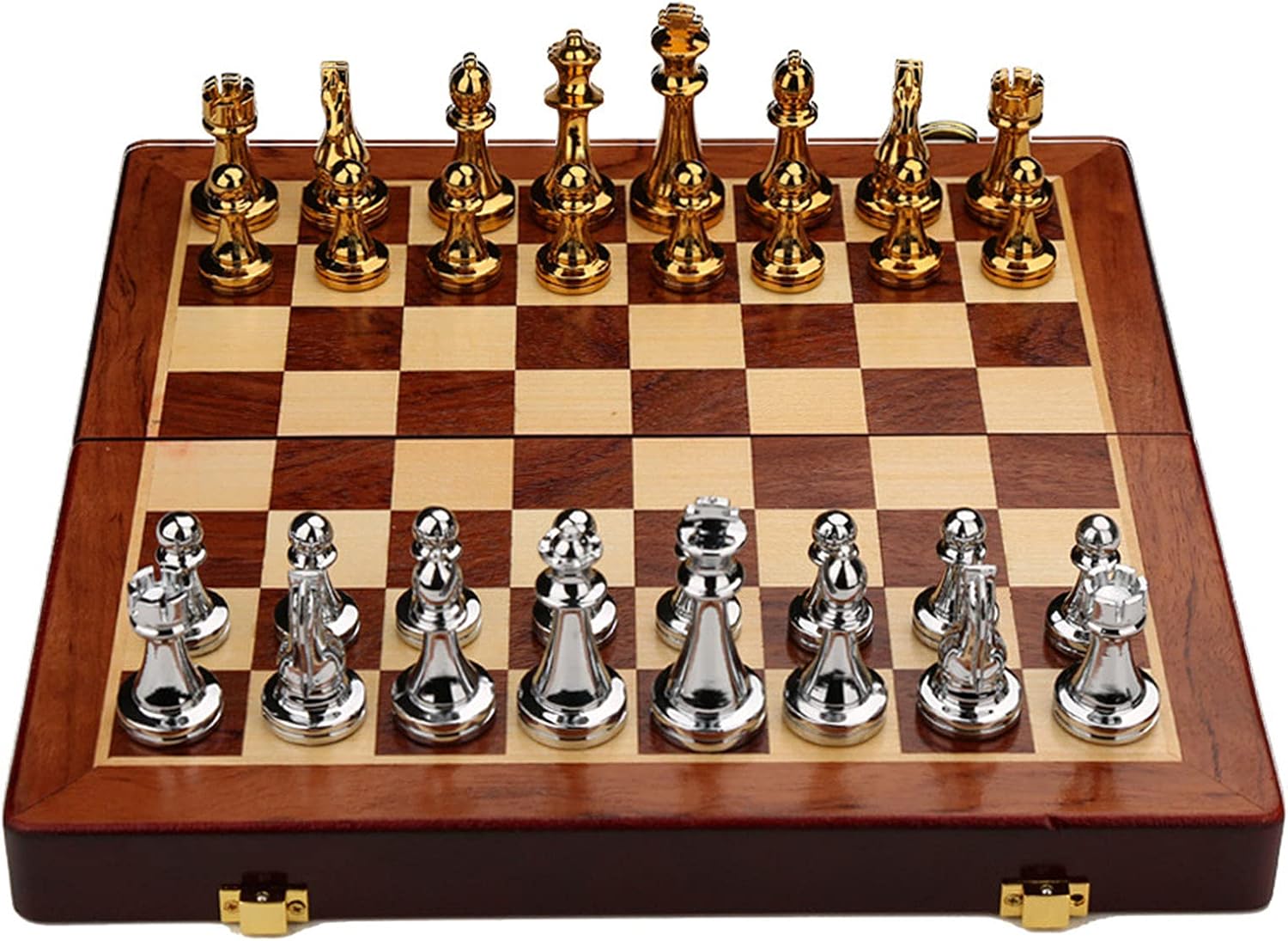 Flash Deals - 50% OFF Newmind International Chess Set with Folding Wooden Chess Board and Classic Handmade Standard Pieces Metal Chess Set for Kids Adult - Gold Silver