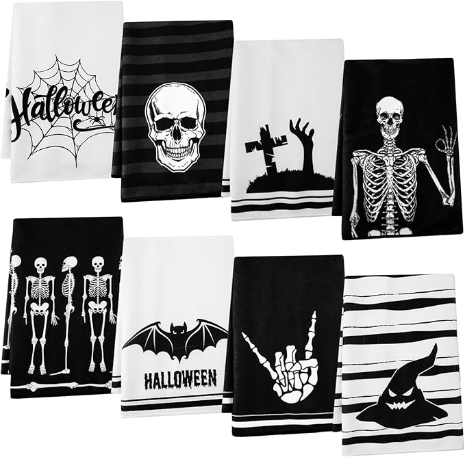 Preboun 8 Pcs Halloween Kitchen Towels Black and White Skull Ghost Bat Spider Web Dish Towels Gothic Hand Washcloth for Bathroom Halloween Kitchen Decorations 16