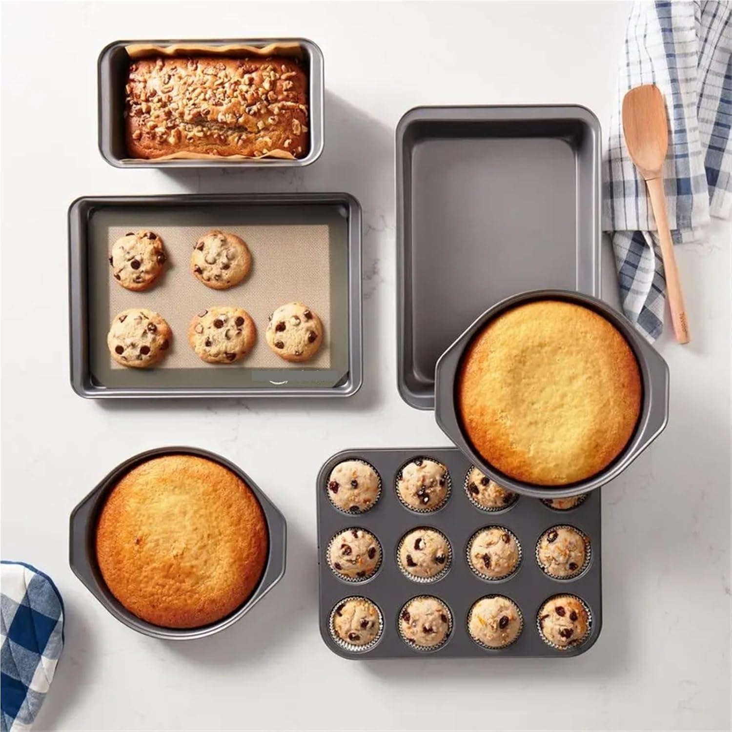 6-Piece Nonstick Carbon Steel Bakeware Set Oven Friendly Pans for Cake Muffin Cookie Loaf Baking