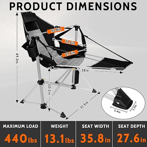Miniatura 3 de Romswi Paquete de 2 sillas hamaca de aluminio con reposapiés, silla plegable portátil de gran tamaño con respaldo y asiento ajustables, silla