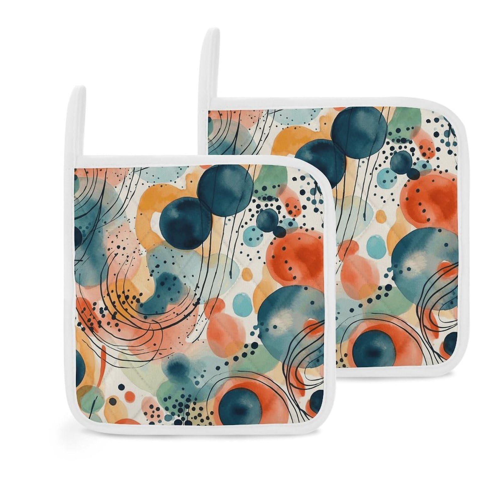 Btcowzrv Style Hand Drawn Pattern 2 Pack Pot Holders For Kitchen, Heat Resistant Potholder Set With Hanging Loops, Hot Pads For Oven Baking Cooking
