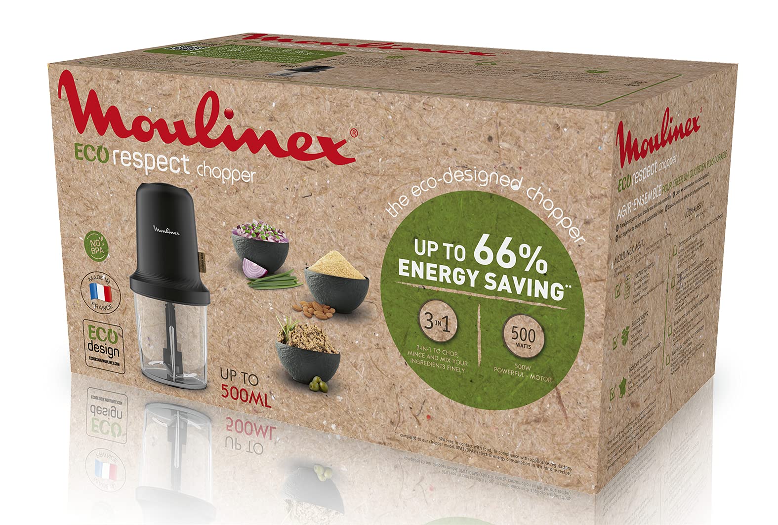 Moulinex Eco Respect hachoir, Design écologique, Oignons, ail, herbes, sauces, 0,5 L, 2 lames, 500 W, Fabriqué en France AT80E810