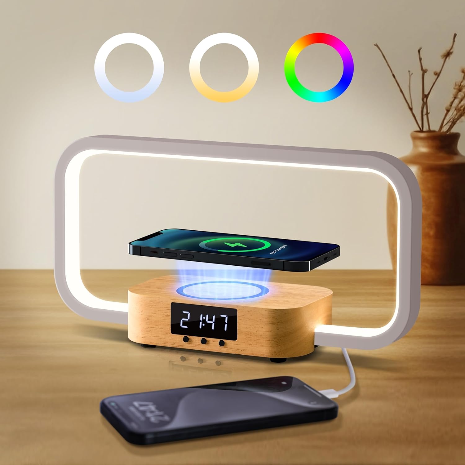 Bedside Lamp with Wireless Charger & USB Port – Touch Control Nightstand Table Lamps, RGB Color Changing, Stepless dimming, 7 Color, Modern LED Desk Lamp with Clock for Bedroom, Gifts for Women, Men