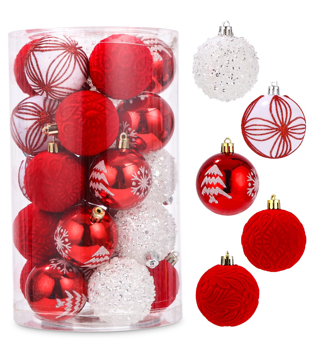SOBEAU 25 Bolas de Navidad, 6mm Bolas Adornos Arbol Navidad de Plastico, Bolas de Navidad Colgantes para Decoración Navidad, Boda,Fiesta Cumpleaños（Blanco y Rojo）