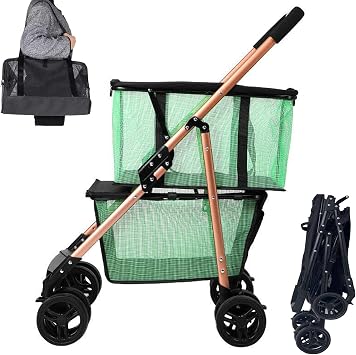 Folding Shopping Cart with Rolling Swivel Wheels Utility Trolley Cart, with Stylish Removable Tote Basket for Travel Shop Move Luggage Office Green + Gold Frame