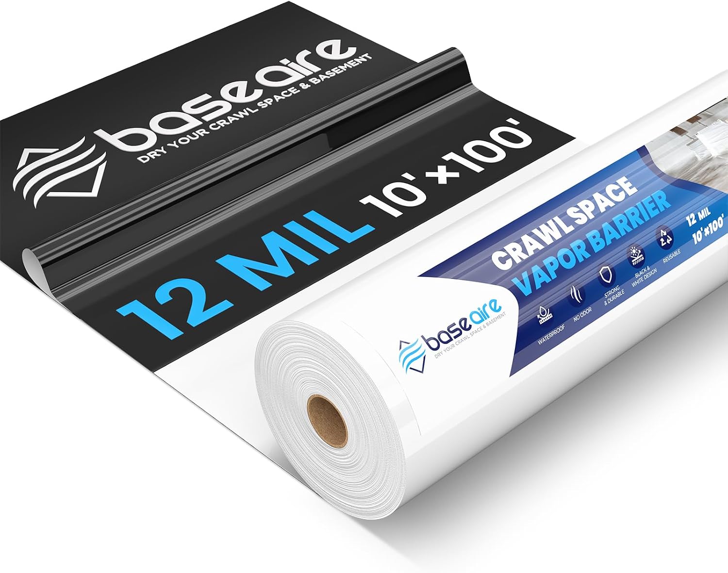 BaseAire Crawl Space Vapor Barrier, 12mil Film, 10'x100', Vapor Barrier Plastic for Basement, Crawlspace Encapsulation, Thick Plastic Sheeting, Black and White Panda Film