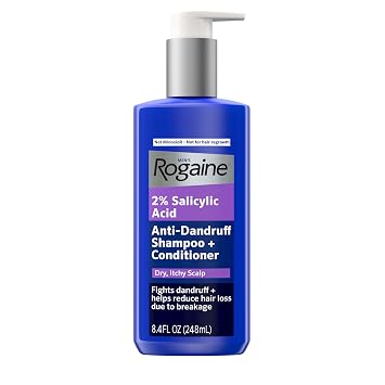 Rogaine Mens Anti-Dandruff 2 in 1 Shampoo + Conditioner, 2% Salicylic Acid Fights Dandruff and Relieves Itchy Scalp, Helps Reduce Hair Loss Due To Breakage, Not Minoxidil, 8.4 fl. oz