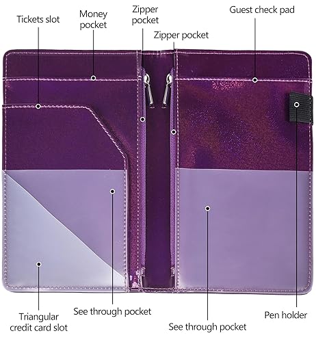 Miniatura 32 de Libreta organizadora para camarera Book&Waitstaff; de piel con brillos y cartera y bolsillo con cierre; lindo organizador con bolsillo para monedas