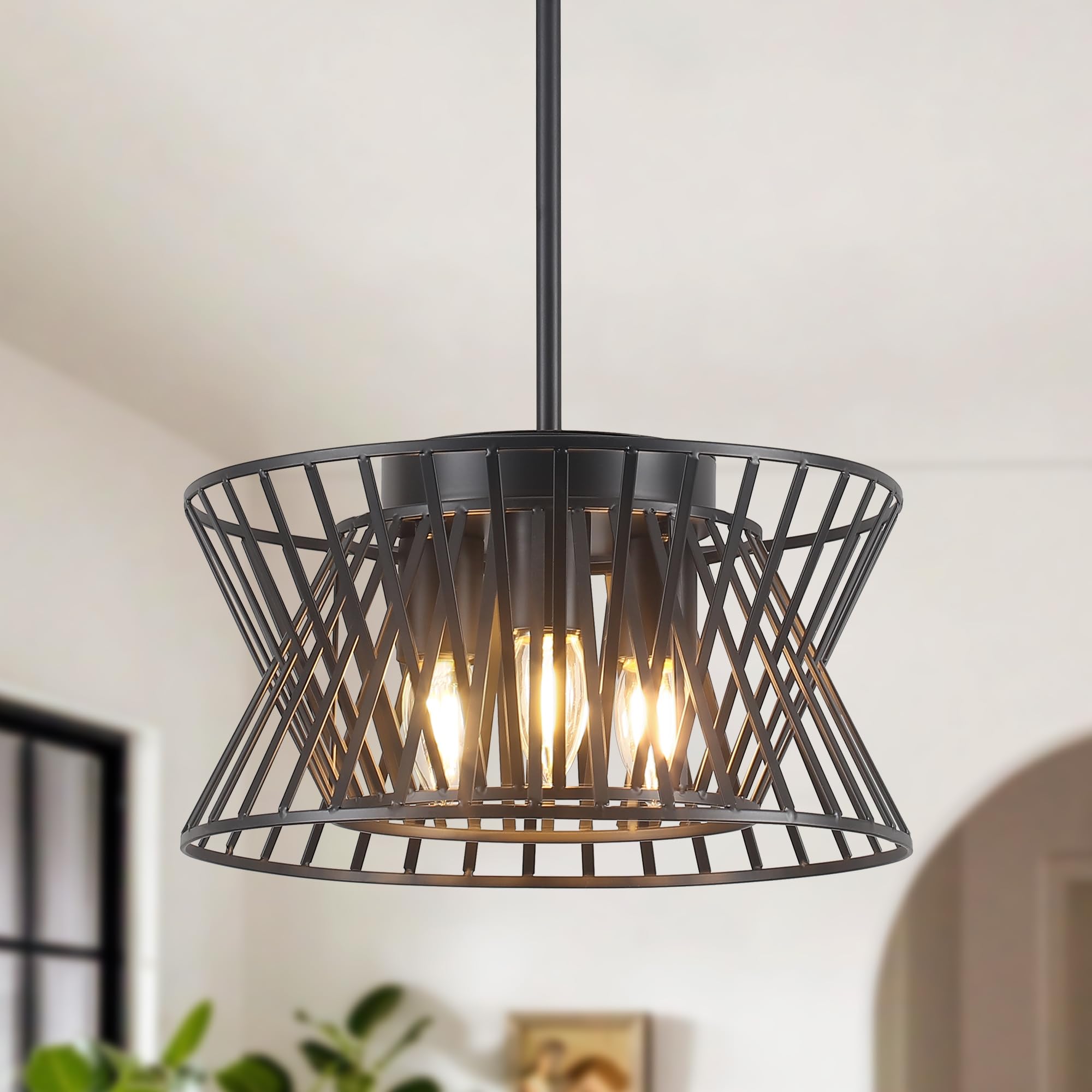 Lámpara colgante negra de 3 luces, estilo vintage, geométrica, lámpara de araña ajustable, accesorios de iluminación de metal para cocina, sala de comedor, vestíbulo